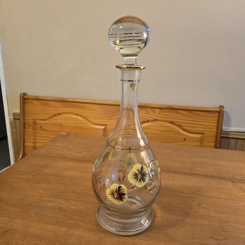 Vintage MCM Romanian Blown Glass Decanter Gold Detail Butterfly Flowers, 15"